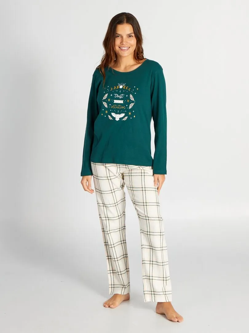 PIJAMA LARGO CAMISETA + PANTALóN DE FRANELA  2 PIEZAS  VERDE